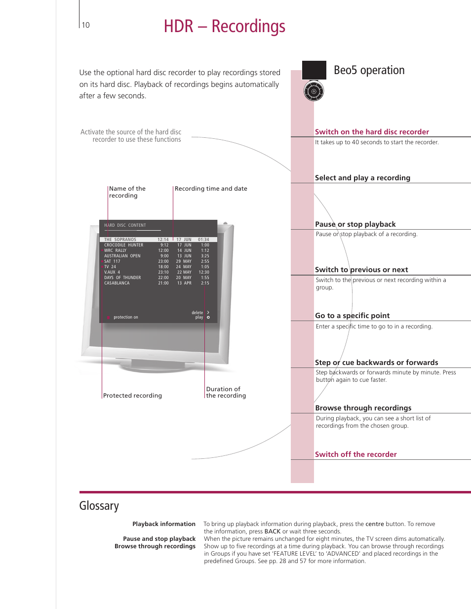 Hdr – recordings, Glossary, Beo5 operation | Bang & Olufsen BeoVision 9 User Guide User Manual | Page 12 / 68