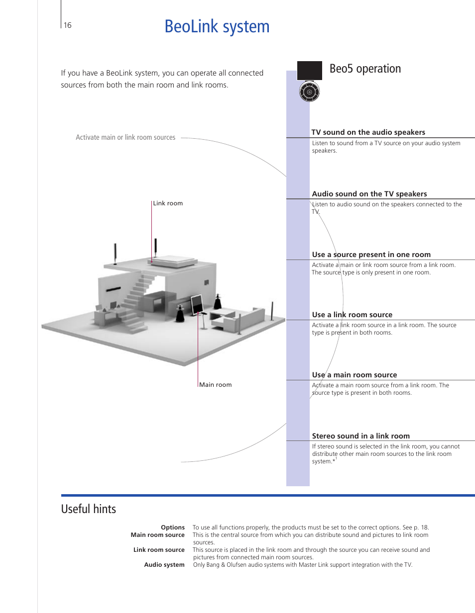Beolink system, Useful hints, Beo5 operation | Bang & Olufsen BeoVision 9 User Guide User Manual | Page 18 / 68
