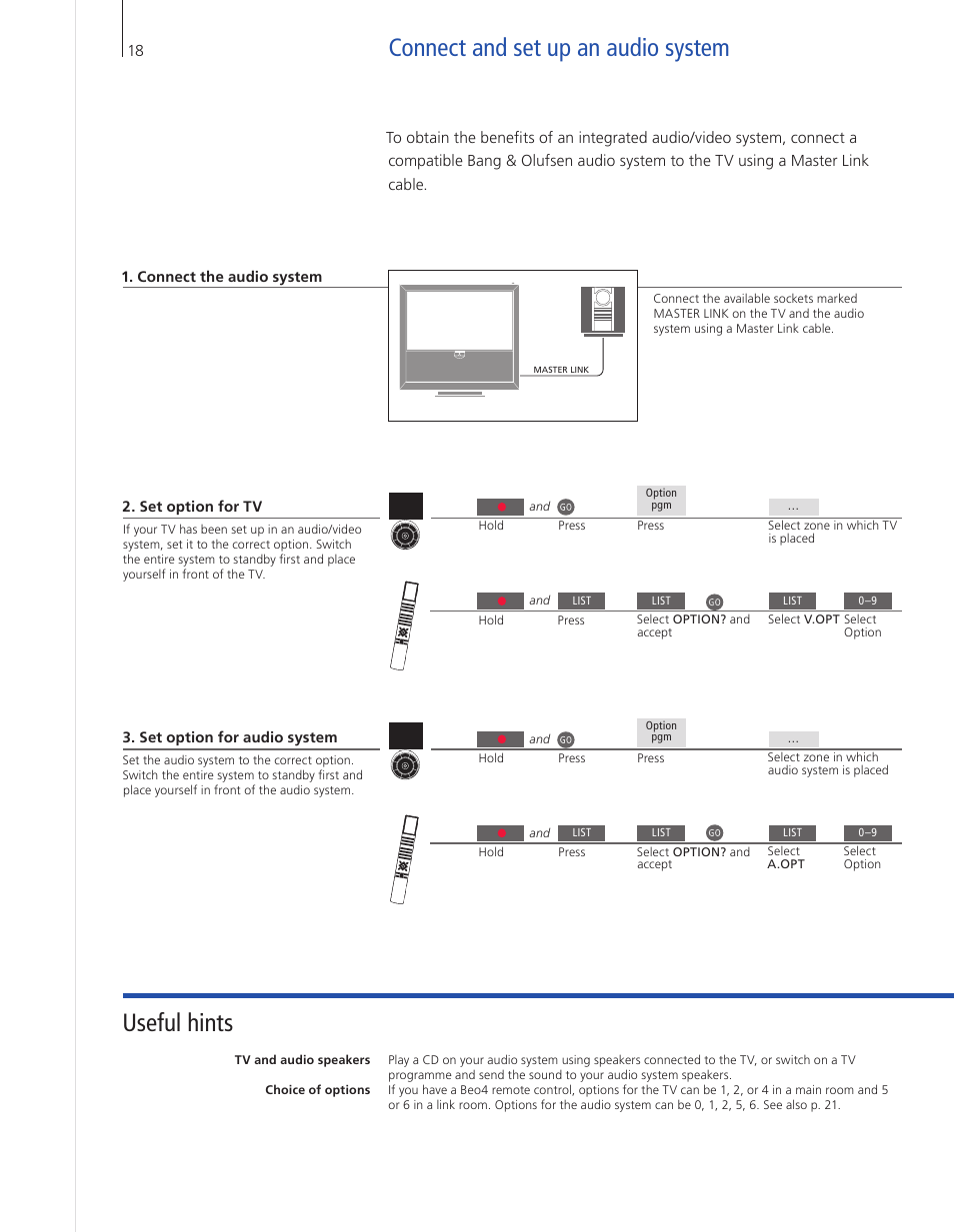 Connect and set up an audio system, Useful hints | Bang & Olufsen BeoVision 9 User Guide User Manual | Page 20 / 68