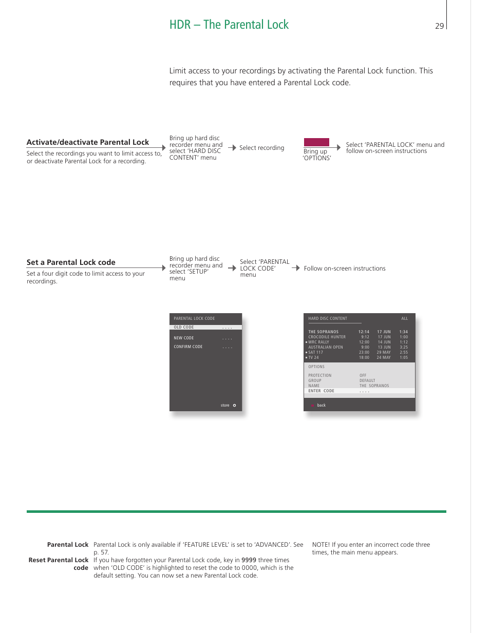 Hdr – the parental lock, Set a parental lock code, Activate/deactivate parental lock | Bang & Olufsen BeoVision 9 User Guide User Manual | Page 31 / 68