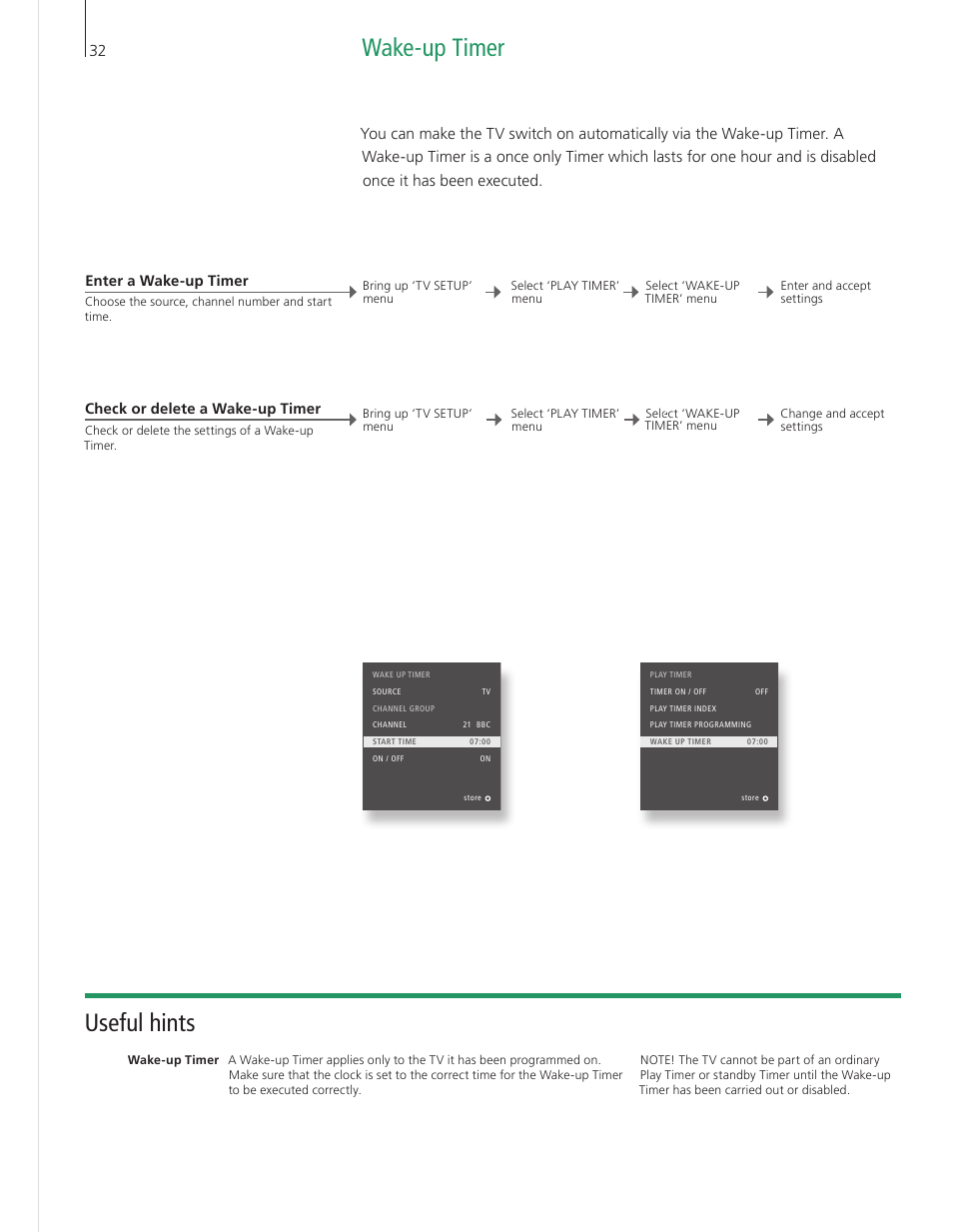 Wake-up timer, Useful hints | Bang & Olufsen BeoVision 9 User Guide User Manual | Page 34 / 68
