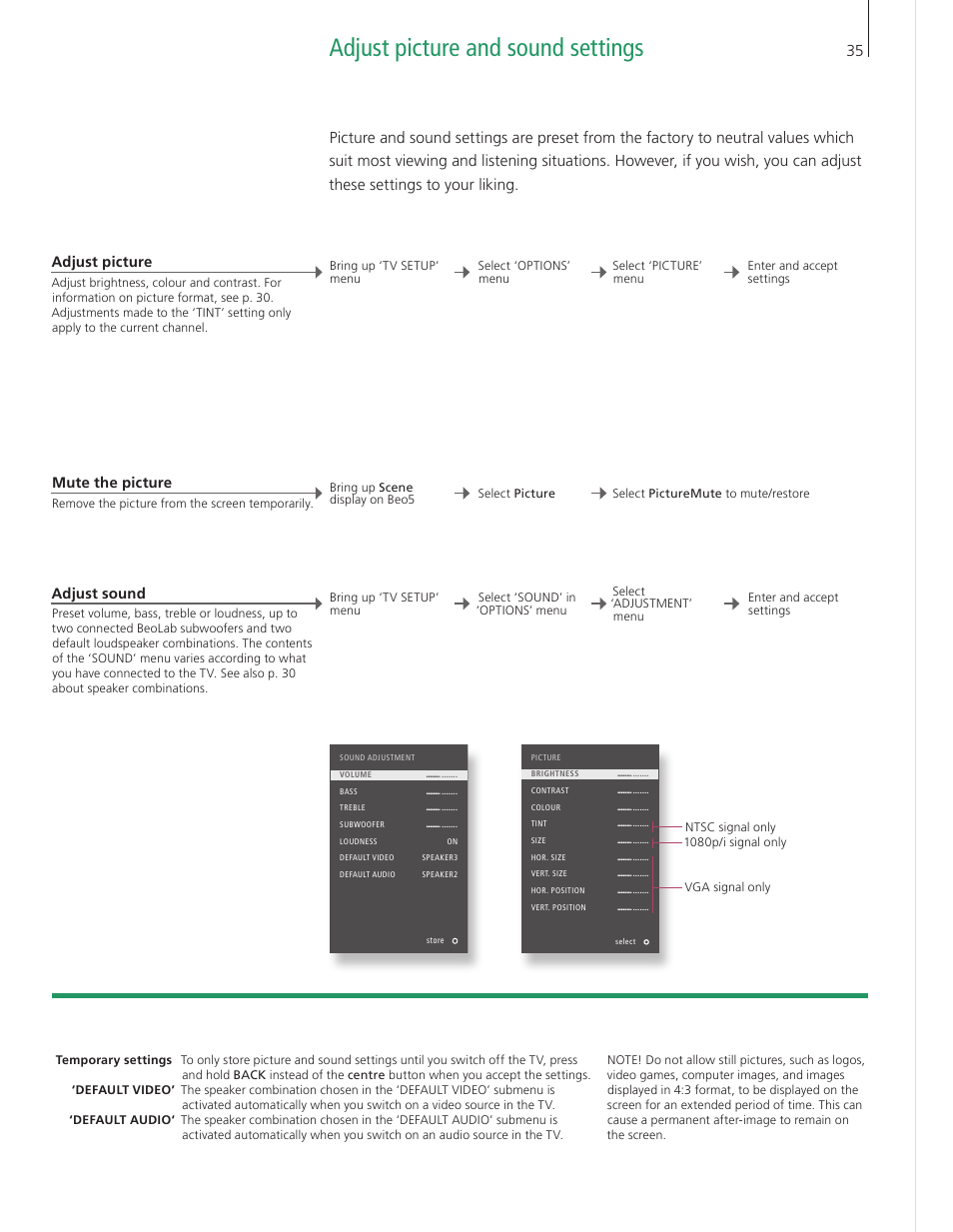 Adjust picture and sound settings | Bang & Olufsen BeoVision 9 User Guide User Manual | Page 37 / 68