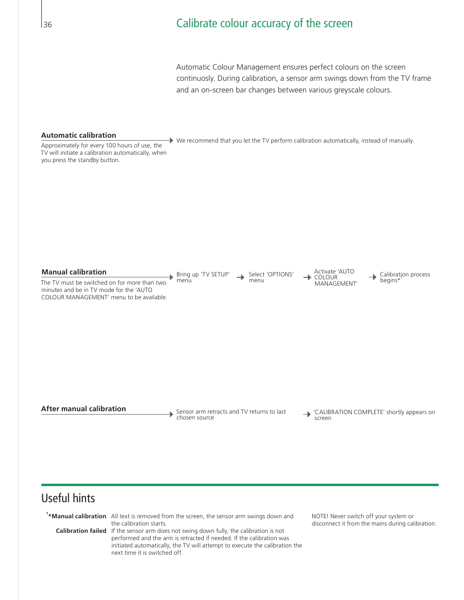 Calibrate colour accuracy of the screen, Useful hints | Bang & Olufsen BeoVision 9 User Guide User Manual | Page 38 / 68