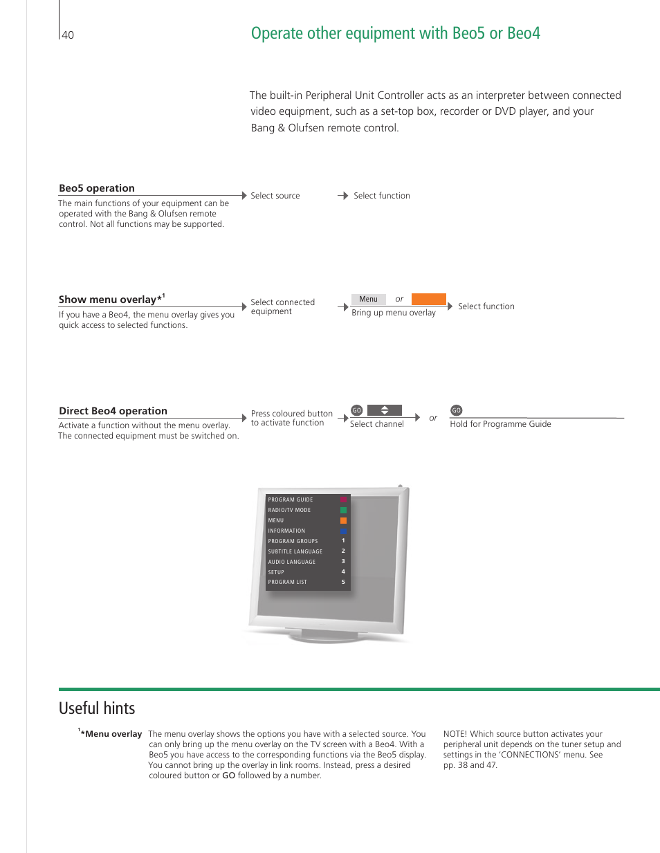 Operate other equipment with beo5 or beo4, Useful hints | Bang & Olufsen BeoVision 9 User Guide User Manual | Page 42 / 68