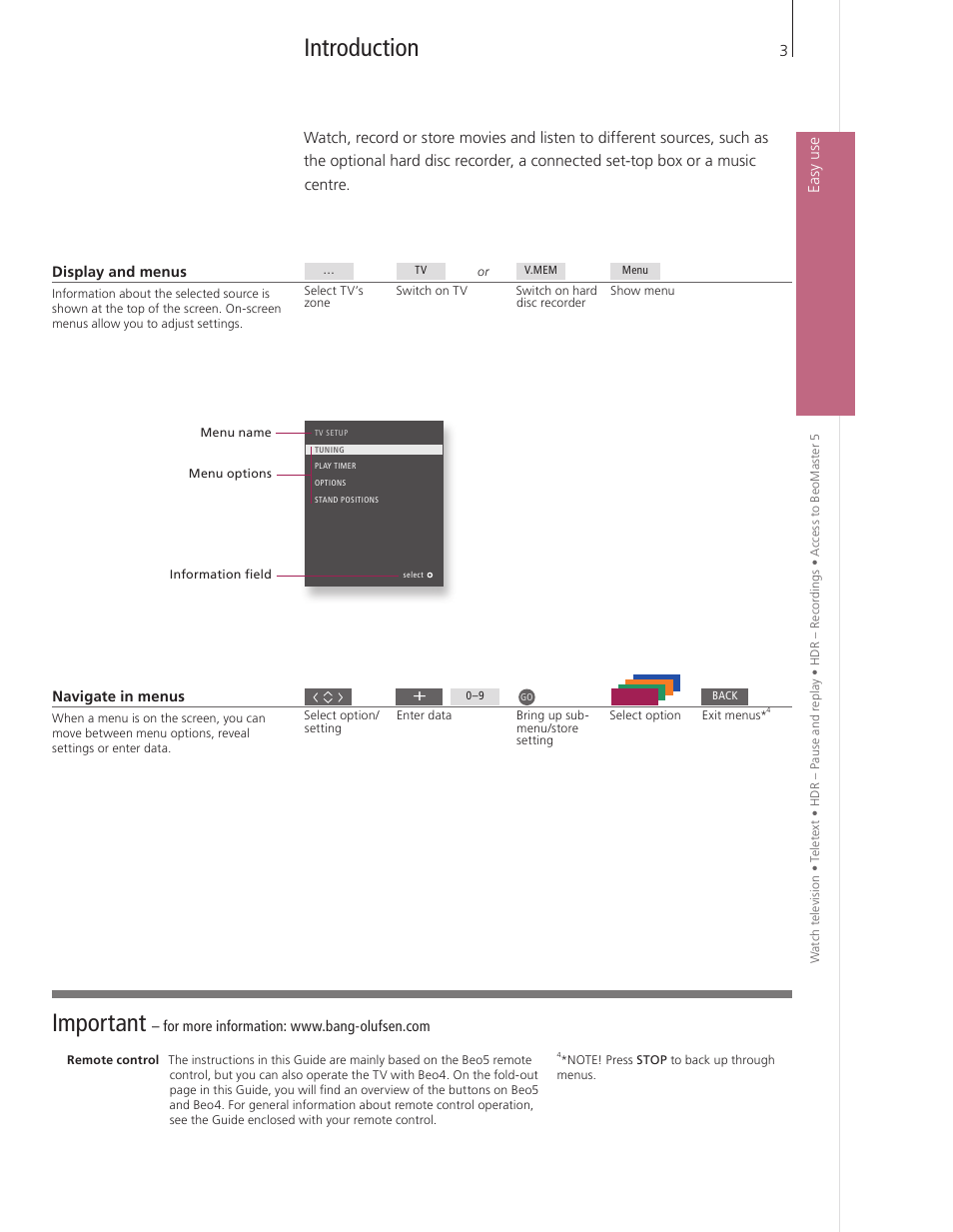 Introduction, Important | Bang & Olufsen BeoVision 9 User Guide User Manual | Page 5 / 68