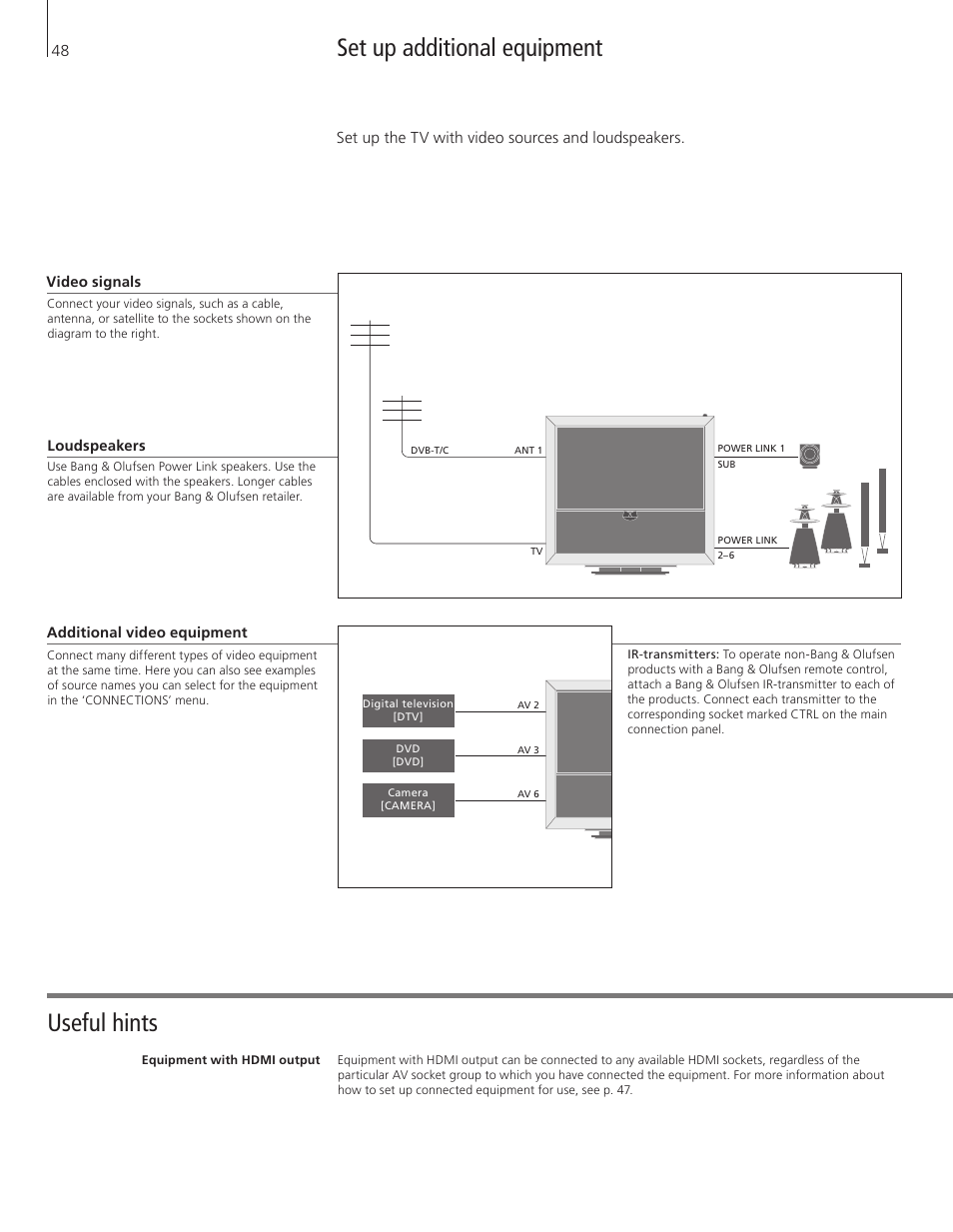 Set up additional equipment, Useful hints set up additional equipment | Bang & Olufsen BeoVision 9 User Guide User Manual | Page 50 / 68