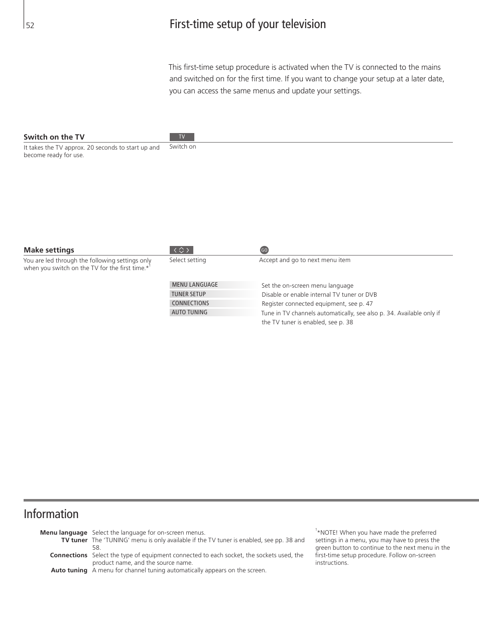 First-time setup of your television, Information | Bang & Olufsen BeoVision 9 User Guide User Manual | Page 54 / 68