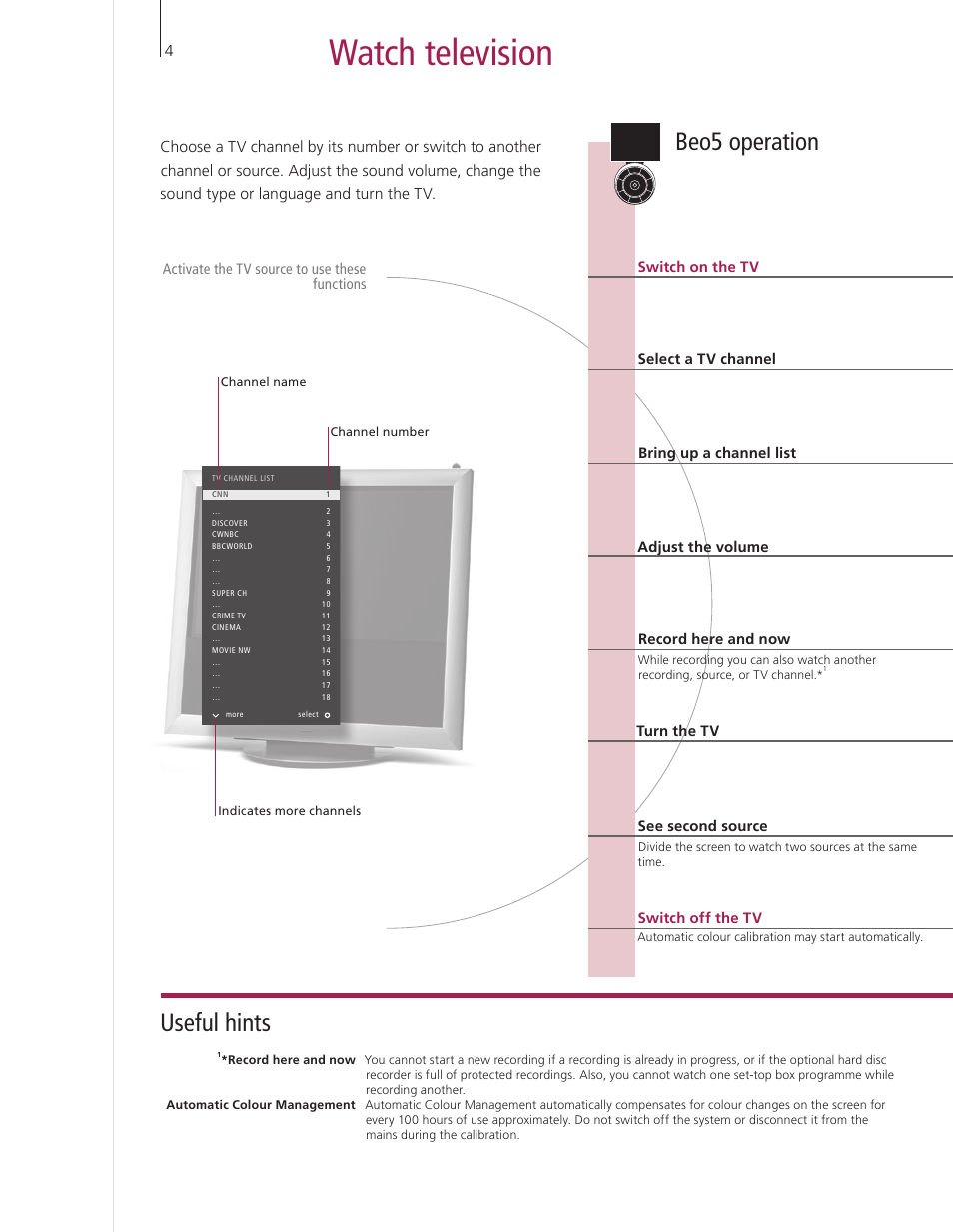 Watch television, Useful hints, Beo5 operation | Bang & Olufsen BeoVision 9 User Guide User Manual | Page 6 / 68