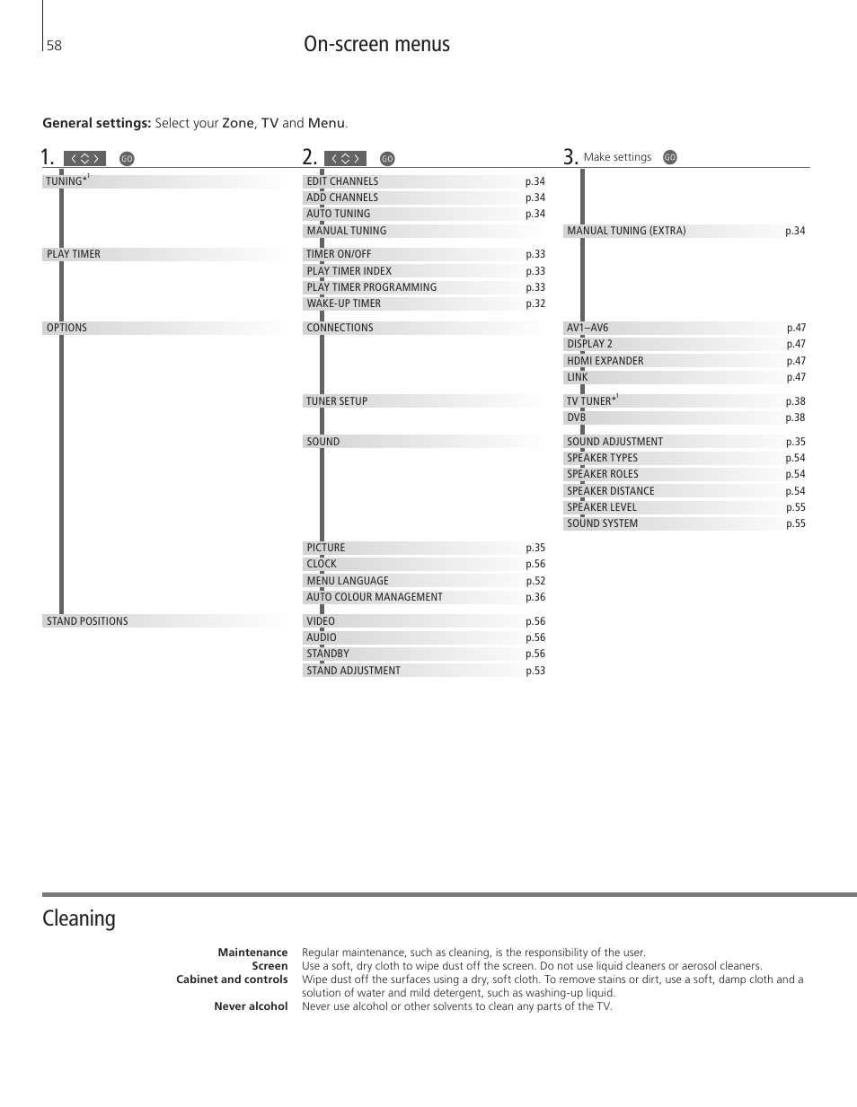 On-screen menus, Cleaning | Bang & Olufsen BeoVision 9 User Guide User Manual | Page 60 / 68