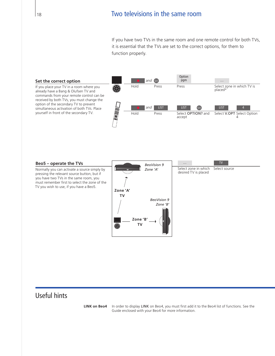 Two televisions in the same room, Useful hints two televisions in the same room | Bang & Olufsen BeoVision 9 User Guide User Manual | Page 20 / 64