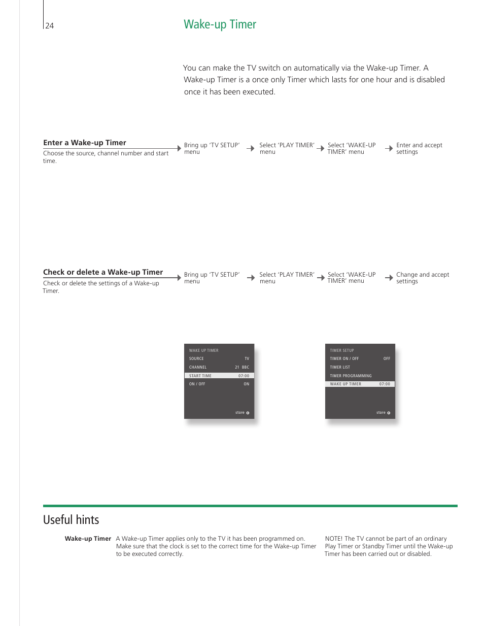 Wake-up timer, Useful hints | Bang & Olufsen BeoVision 9 User Guide User Manual | Page 26 / 64