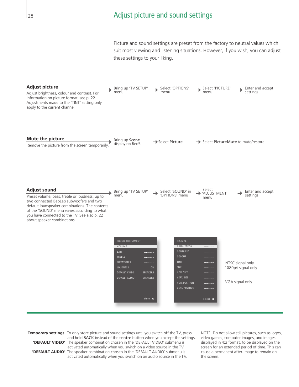 Adjust picture and sound settings | Bang & Olufsen BeoVision 9 User Guide User Manual | Page 30 / 64