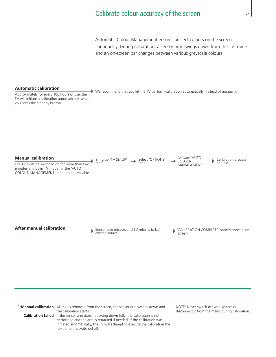 Calibrate colour accuracy of the screen | Bang & Olufsen BeoVision 9 User Guide User Manual | Page 33 / 64