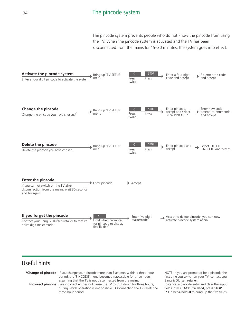 The pincode system, The pincode system useful hints | Bang & Olufsen BeoVision 9 User Guide User Manual | Page 36 / 64