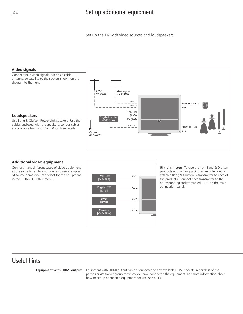 Set up additional equipment, Useful hints set up additional equipment, Set up the tv with video sources and loudspeakers | Bang & Olufsen BeoVision 9 User Guide User Manual | Page 46 / 64