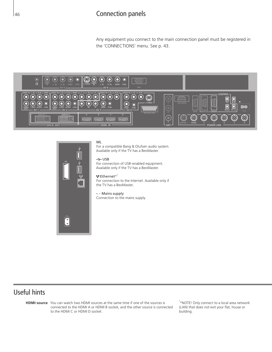 Connection panels, Useful hints | Bang & Olufsen BeoVision 9 User Guide User Manual | Page 48 / 64