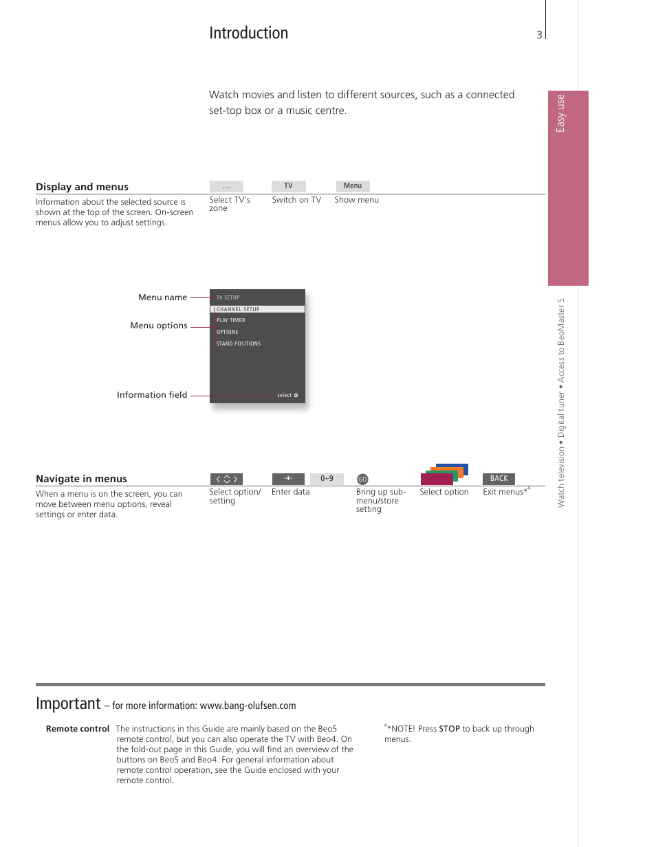 Introduction, Important | Bang & Olufsen BeoVision 9 User Guide User Manual | Page 5 / 64