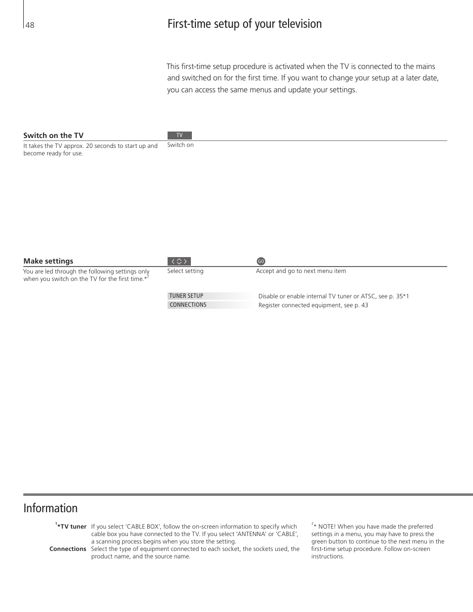First-time setup of your television, Information | Bang & Olufsen BeoVision 9 User Guide User Manual | Page 50 / 64