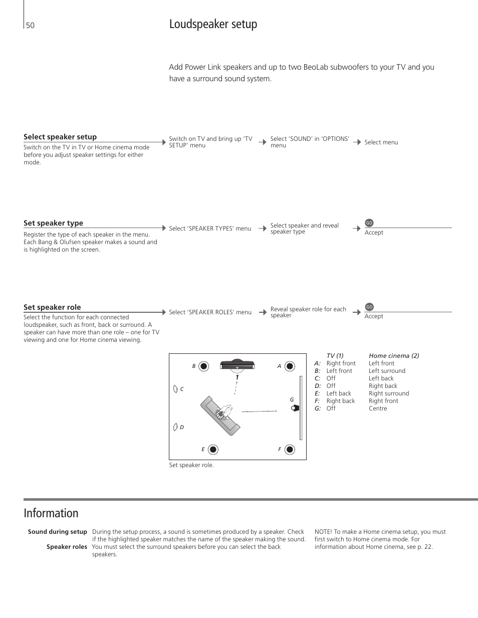 Loudspeaker setup, Information | Bang & Olufsen BeoVision 9 User Guide User Manual | Page 52 / 64