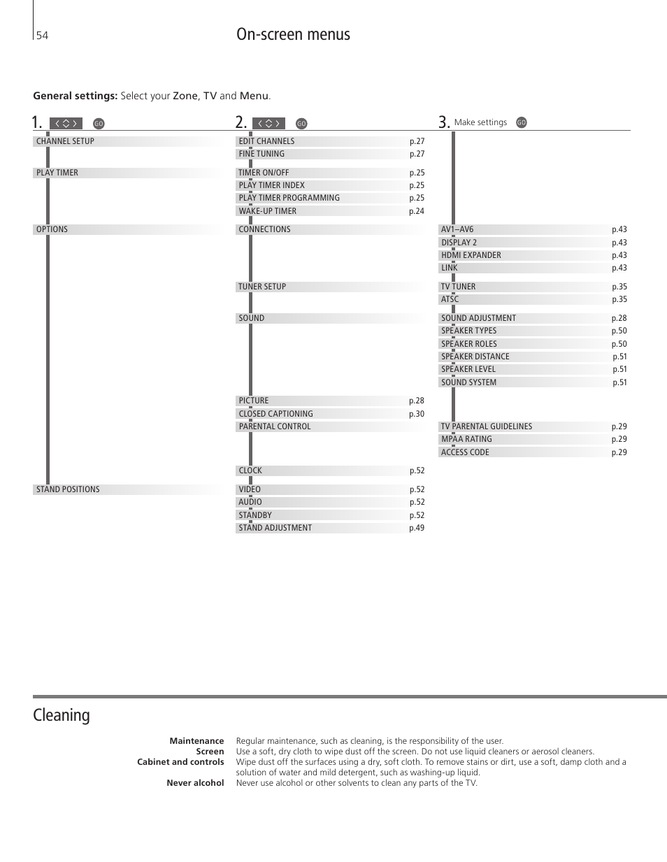 On-screen menus, Cleaning | Bang & Olufsen BeoVision 9 User Guide User Manual | Page 56 / 64
