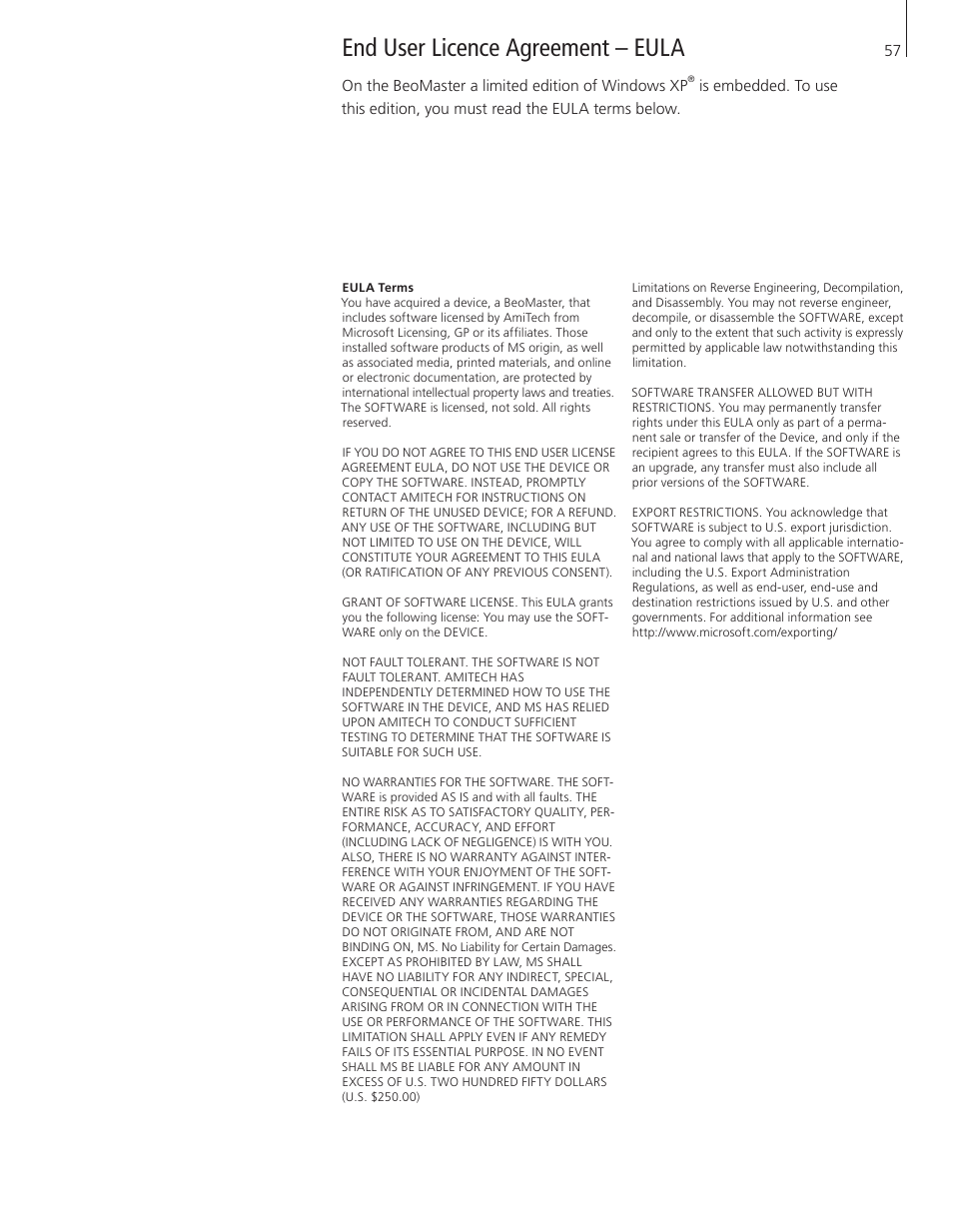 End user licence agreement – eula | Bang & Olufsen BeoVision 9 User Guide User Manual | Page 59 / 64