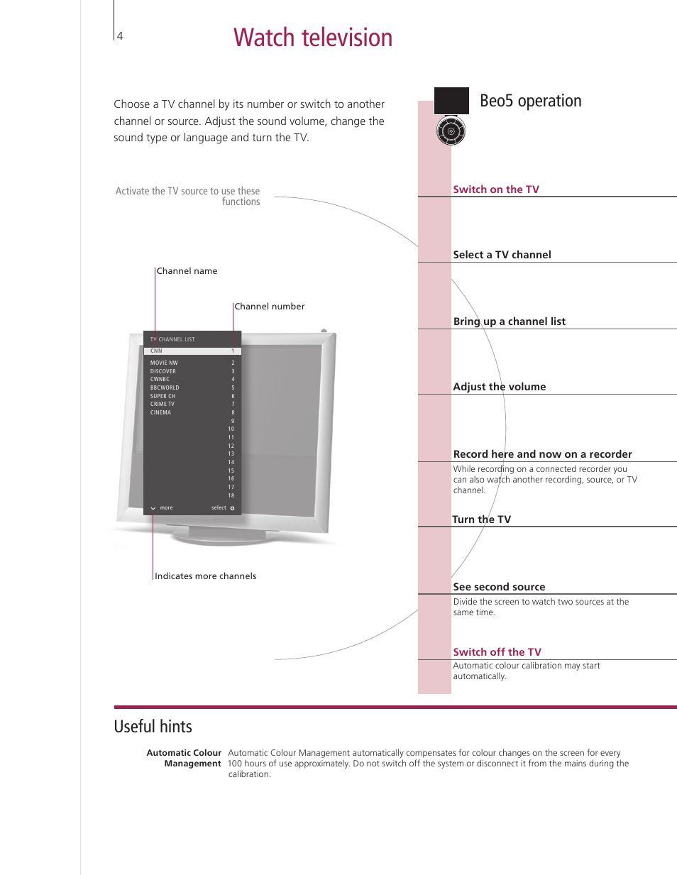 Watch television, Useful hints, Beo5 operation | Bang & Olufsen BeoVision 9 User Guide User Manual | Page 6 / 64