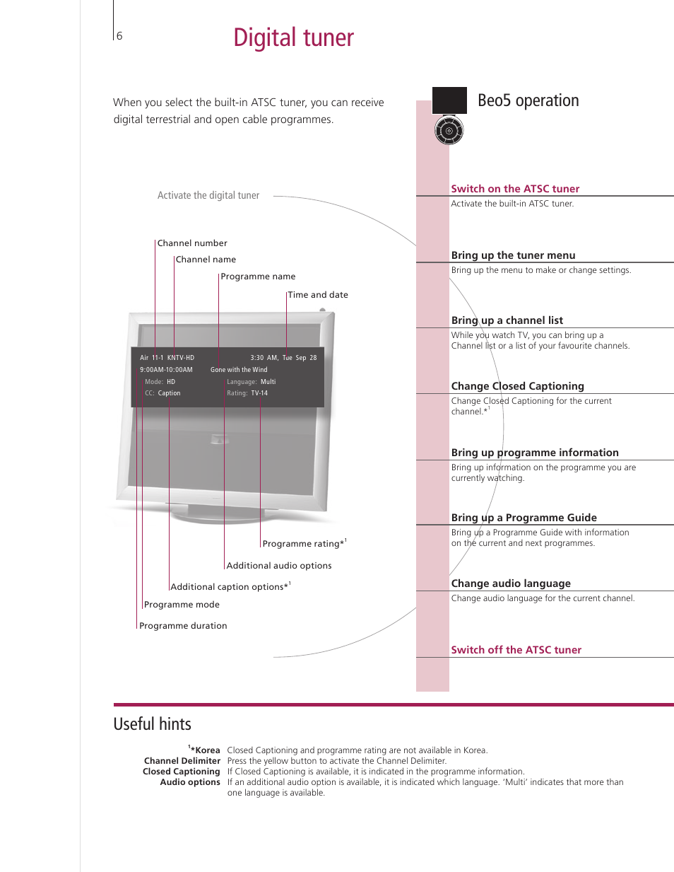 Digital tuner, Useful hints, Beo5 operation | Bang & Olufsen BeoVision 9 User Guide User Manual | Page 8 / 64