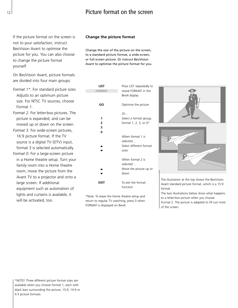 Picture format on the screen, Change the picture format | Bang & Olufsen BeoVision Avant (1995-2005) User Manual | Page 12 / 16