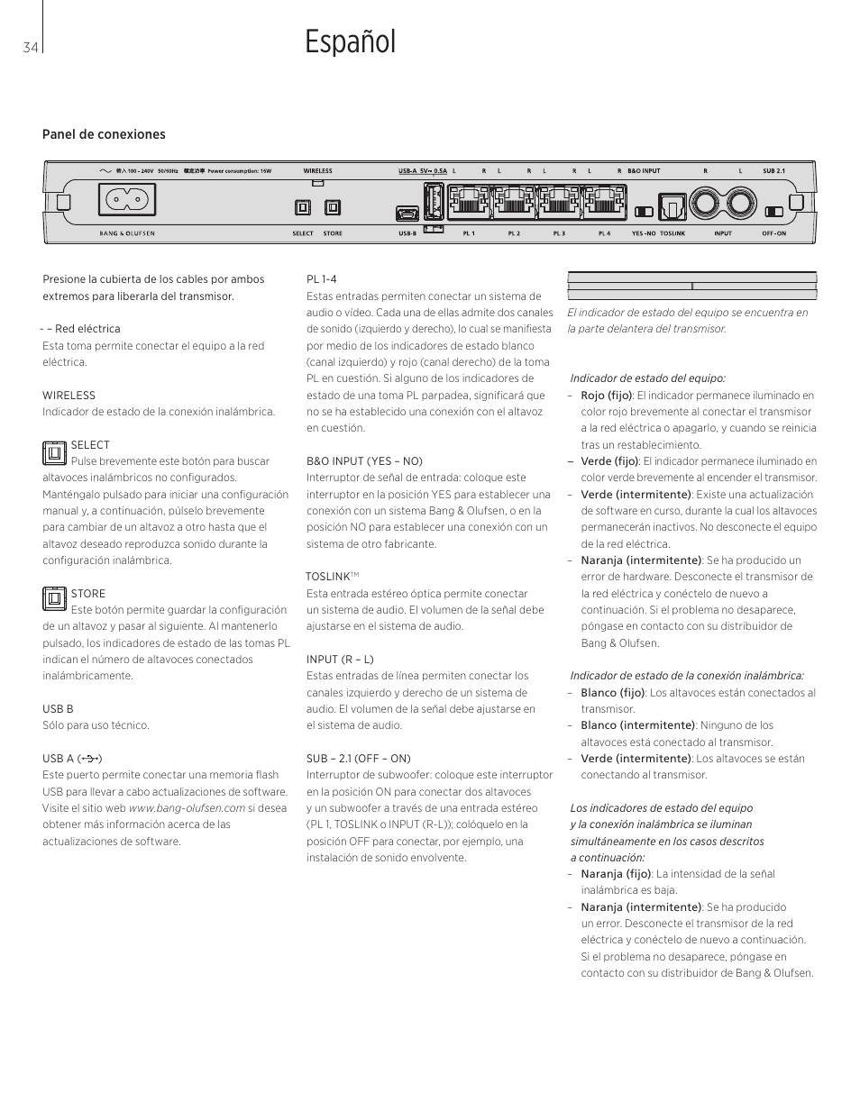 Español | Bang & Olufsen BeoLab Transmitter 1 User Guide User Manual | Page 34 / 84