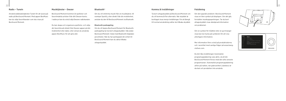 Radio – tunein, Musiktjänster – deezer, Bluetooth | Komma åt inställningar, Felsökning | Bang & Olufsen BeoSound Moment User Manual | Page 12 / 29