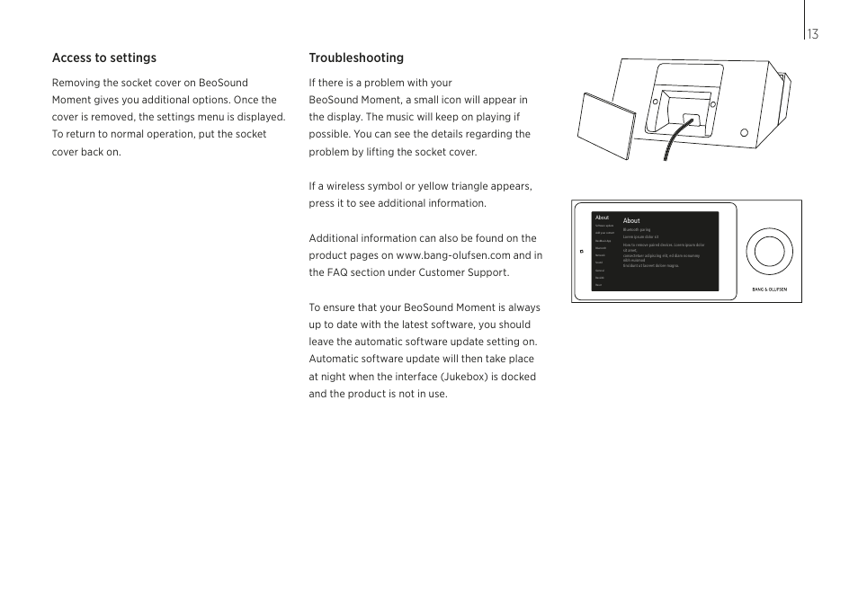 Access to settings, Troubleshooting | Bang & Olufsen BeoSound Moment User Manual | Page 13 / 56