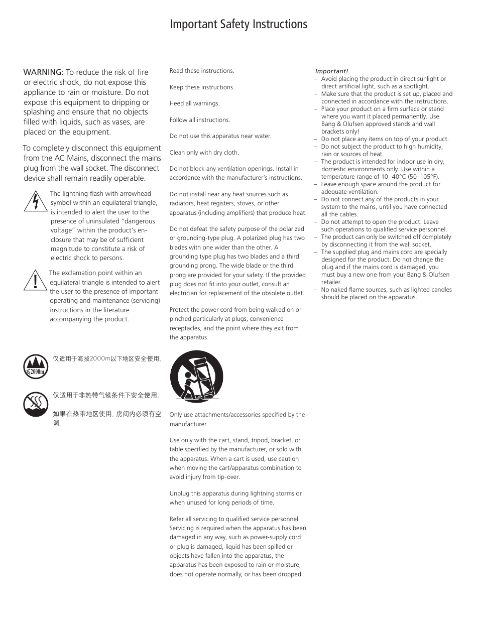 Important safety instructions | Bang & Olufsen BeoSound 5 Getting Started User Manual | Page 4 / 24