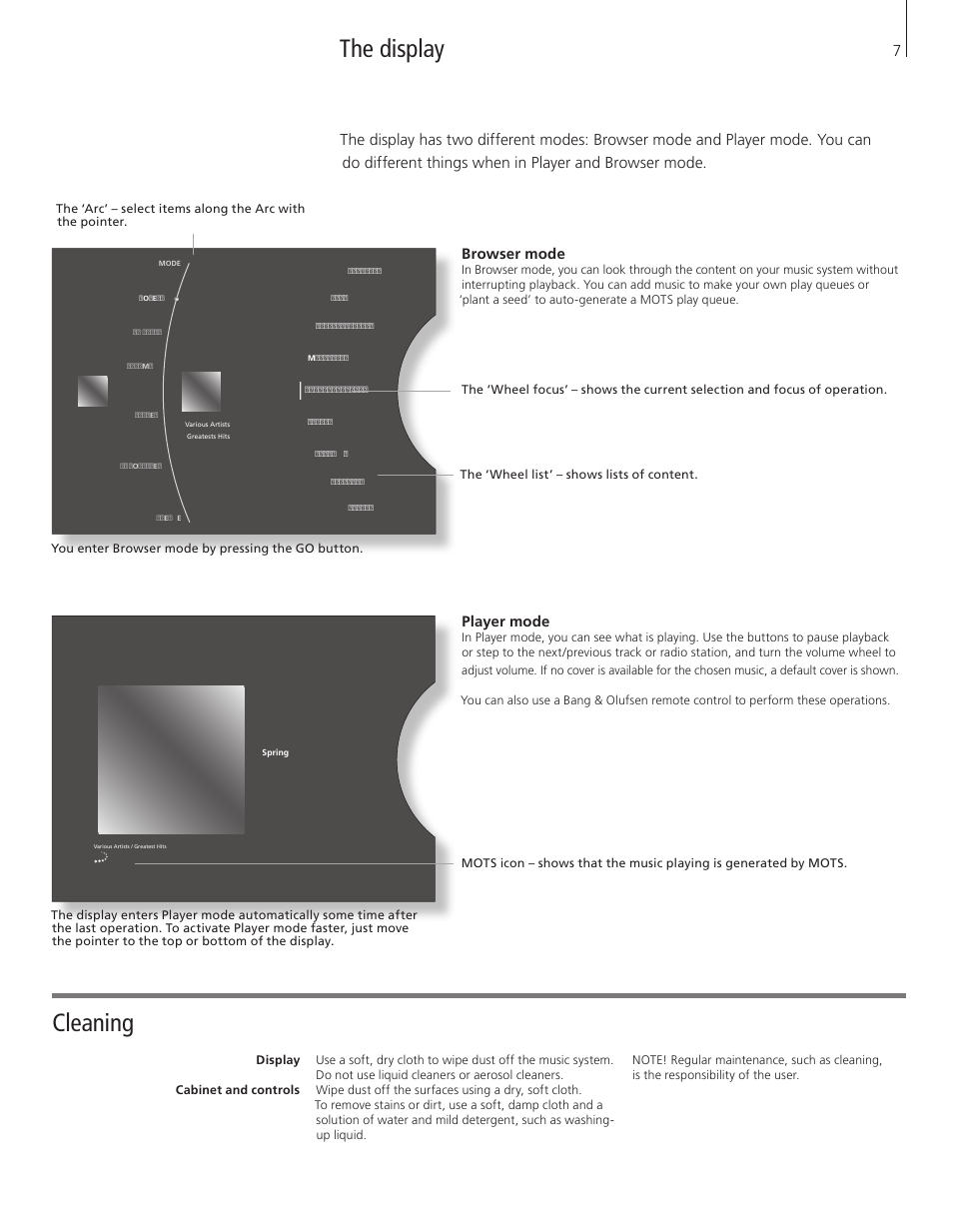 The display, Cleaning | Bang & Olufsen BeoSound 5 Getting Started User Manual | Page 7 / 24