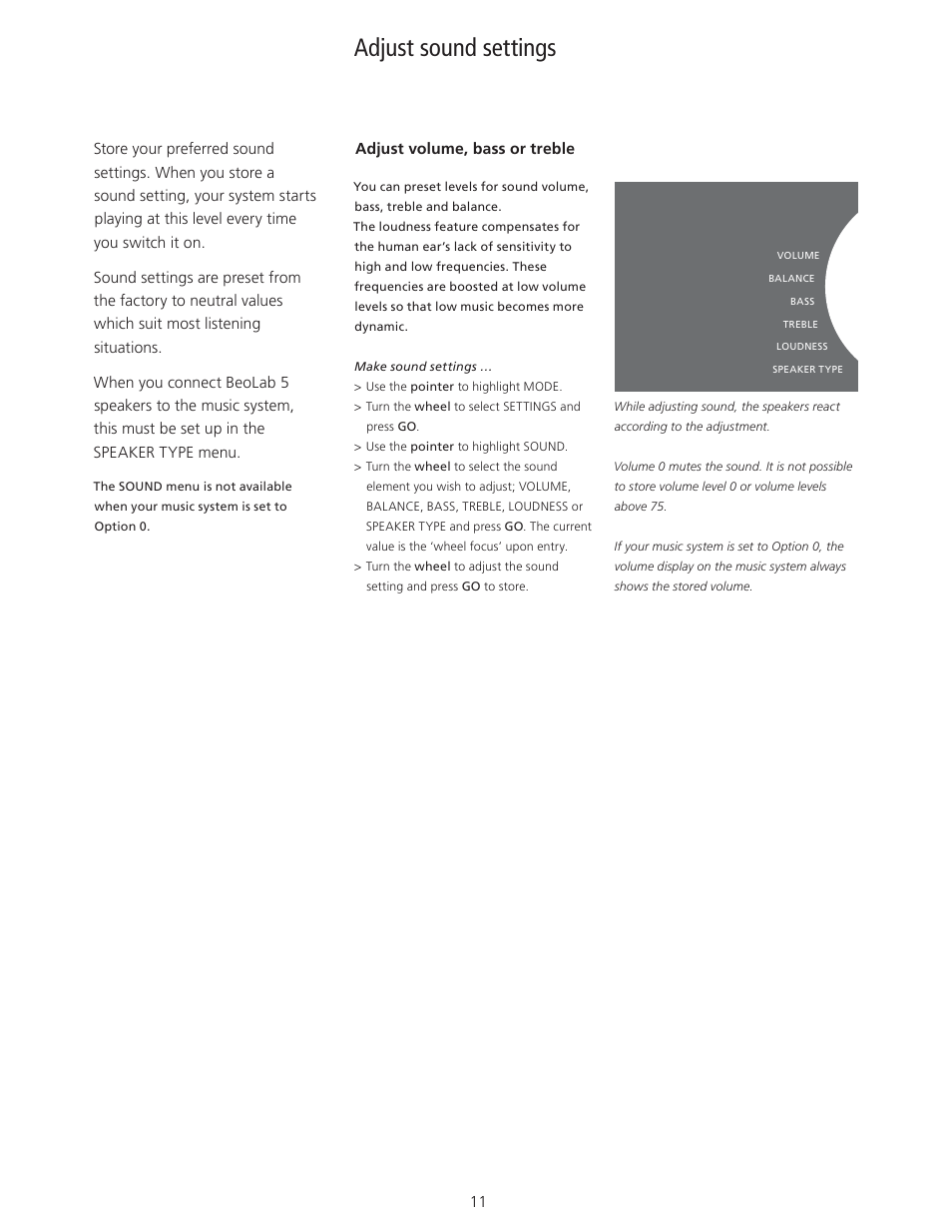 Adjust sound settings, Adjust sound settings, 11, Sound | Bang & Olufsen BeoSound 5 User Guide User Manual | Page 11 / 32