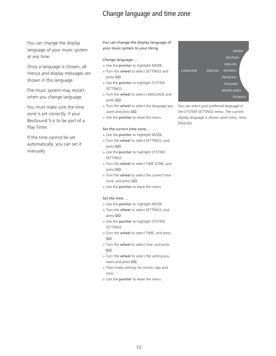 Change language and time zone, System settings | Bang & Olufsen BeoSound 5 User Guide User Manual | Page 12 / 32