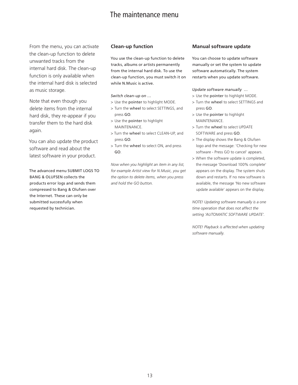 The maintenance menu, The maintenance menu, 13, Maintenance | Bang & Olufsen BeoSound 5 User Guide User Manual | Page 13 / 32