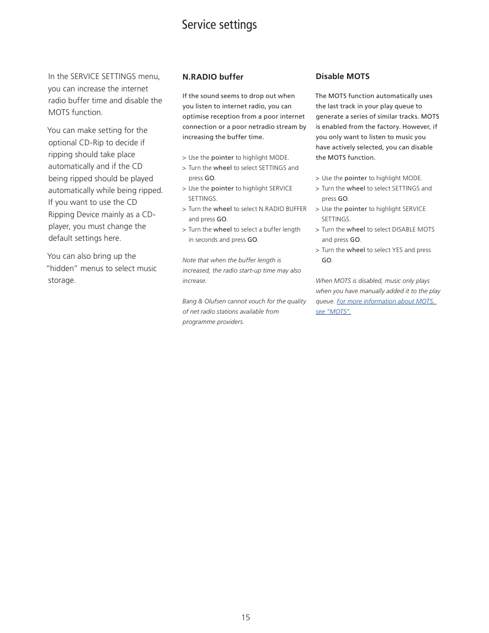 Service settings | Bang & Olufsen BeoSound 5 User Guide User Manual | Page 15 / 32