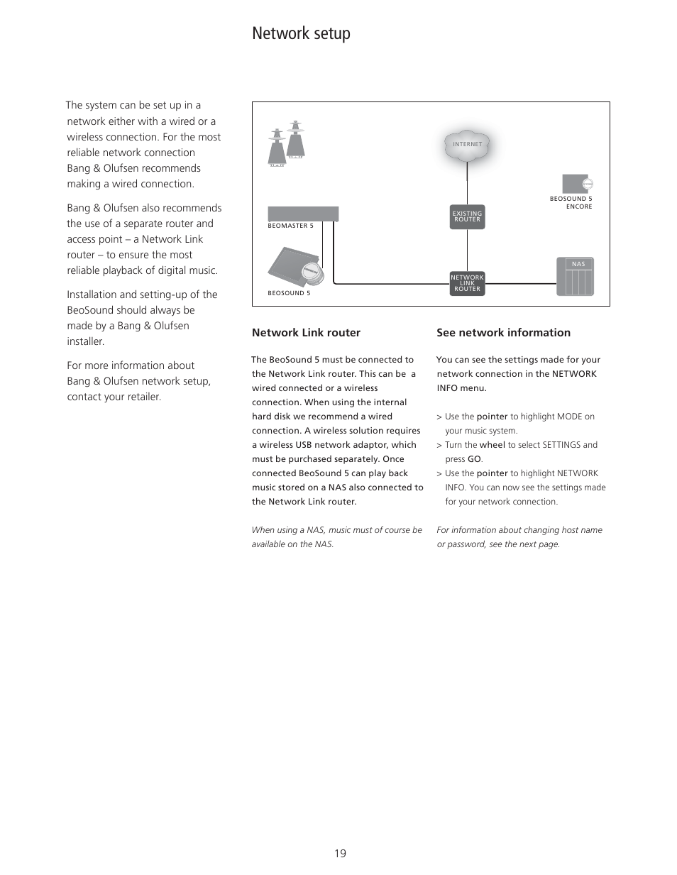 Network setup, Network setup, 19, Network settings | Bang & Olufsen BeoSound 5 User Guide User Manual | Page 19 / 32
