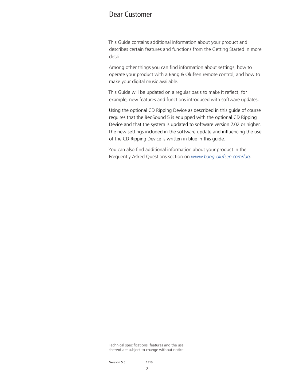 Dear customer | Bang & Olufsen BeoSound 5 User Guide User Manual | Page 2 / 32