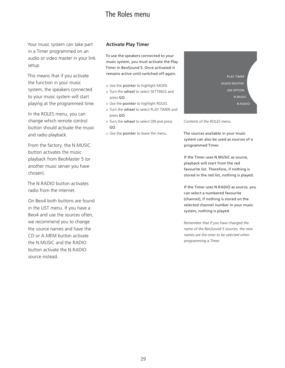 The roles menu, The roles menu, 29, Roles | Bang & Olufsen BeoSound 5 User Guide User Manual | Page 29 / 32