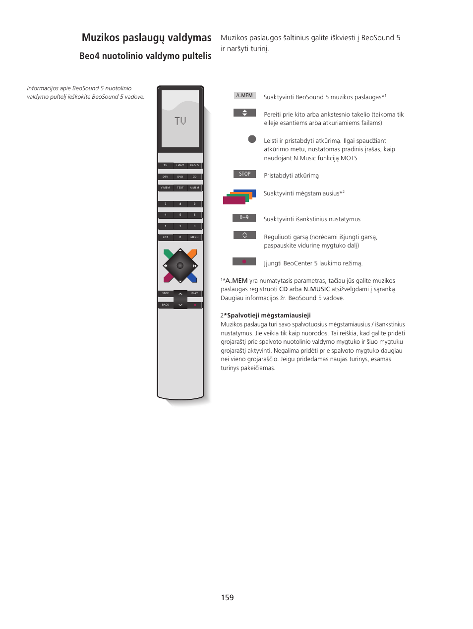 Muzikos paslaugų valdymas, Muzikos paslaugų valdymas 159, Beo4 nuotolinio valdymo pultelis | Bang & Olufsen BeoSound 5 Spotify User Manual | Page 159 / 176
