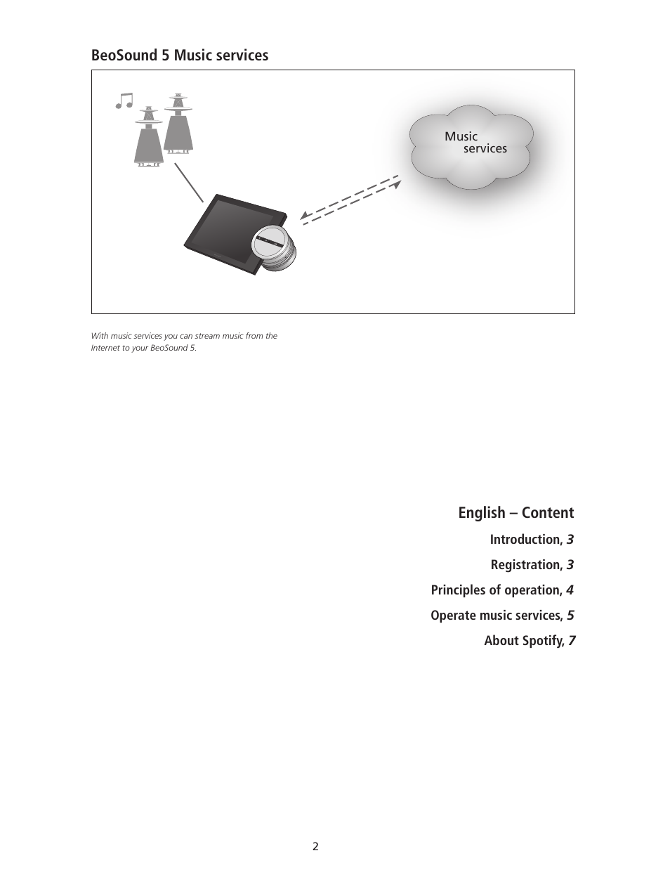 English – content, English, Beosound 5 music services | Bang & Olufsen BeoSound 5 Spotify User Manual | Page 2 / 176