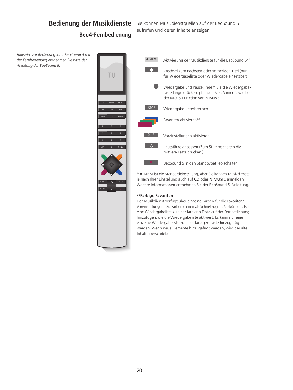 Bedienung der musikdienste, Bedienung der musikdienste, 20, Beo4-fernbedienung | Bang & Olufsen BeoSound 5 Spotify User Manual | Page 20 / 176