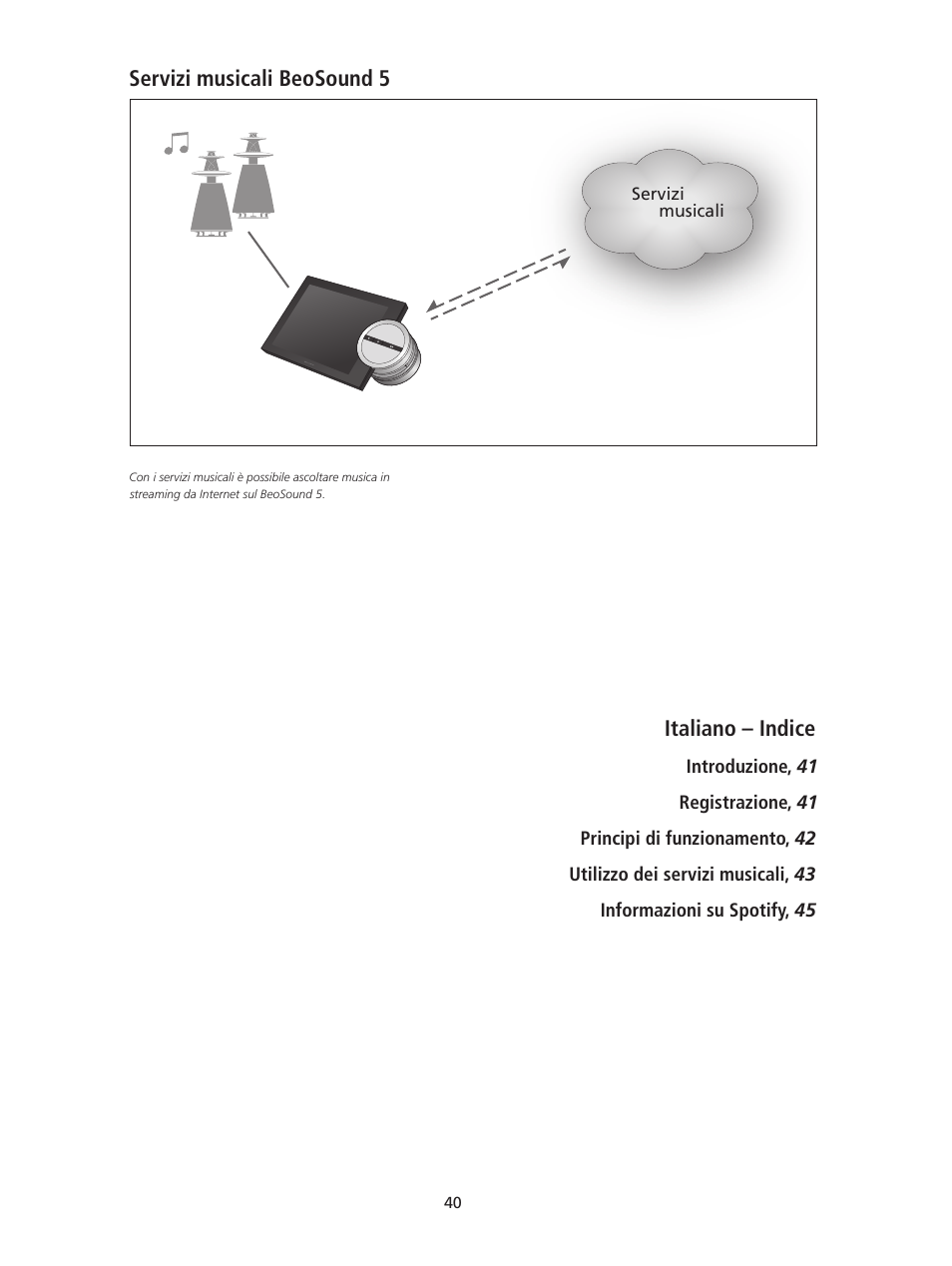 Italiano – indice, Italiano – italian, Servizi musicali beosound 5 | Bang & Olufsen BeoSound 5 Spotify User Manual | Page 40 / 176