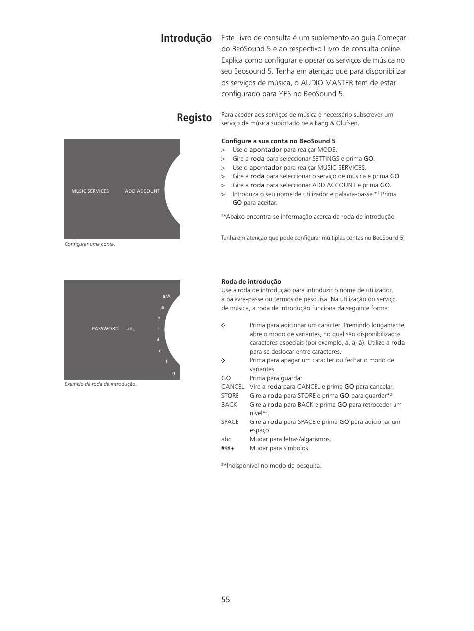 Introdução, Registo, Introdução, 55 | Registo, 55, Introdução registo | Bang & Olufsen BeoSound 5 Spotify User Manual | Page 55 / 176