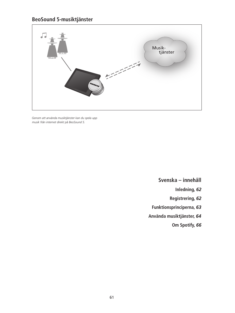 Svenska – innehåll, Svenska – swedish, Beosound 5-musiktjänster | Bang & Olufsen BeoSound 5 Spotify User Manual | Page 61 / 176