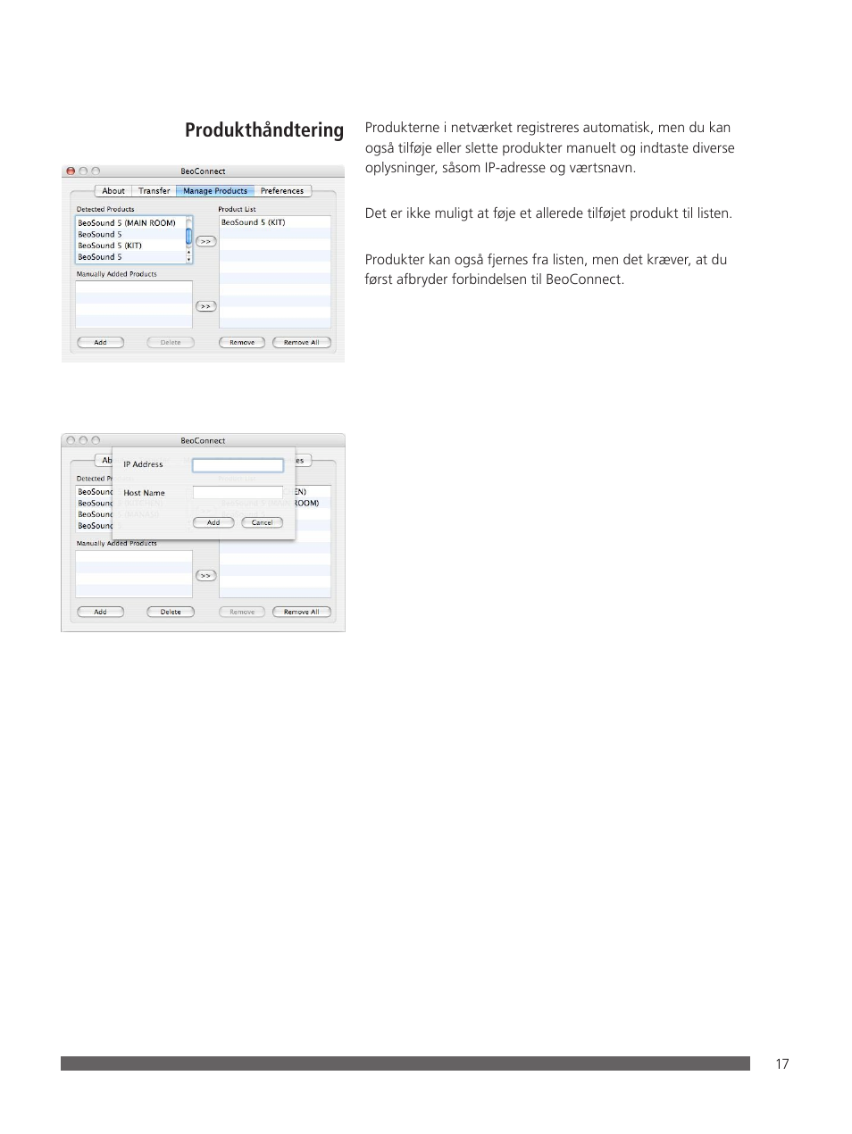 Produkthåndtering | Bang & Olufsen BeoConnect (for Mac) User Manual | Page 17 / 217