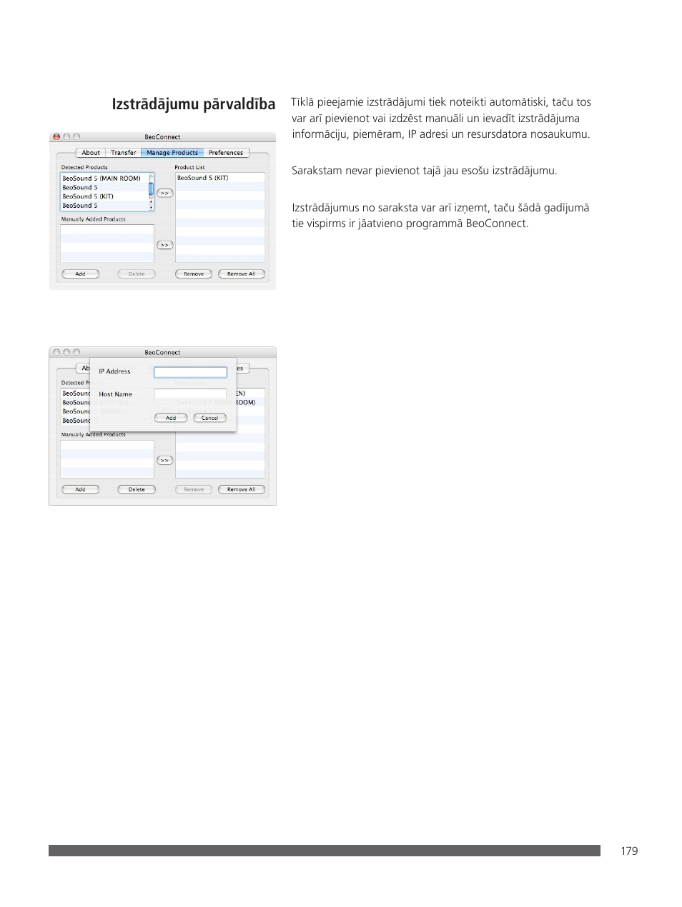 Izstrādājumu pārvaldība | Bang & Olufsen BeoConnect (for Mac) User Manual | Page 179 / 217