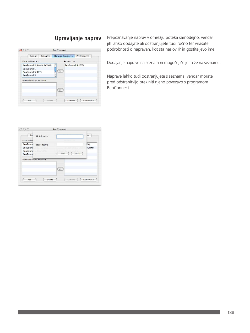 Upravljanje naprav | Bang & Olufsen BeoConnect (for Mac) User Manual | Page 188 / 217