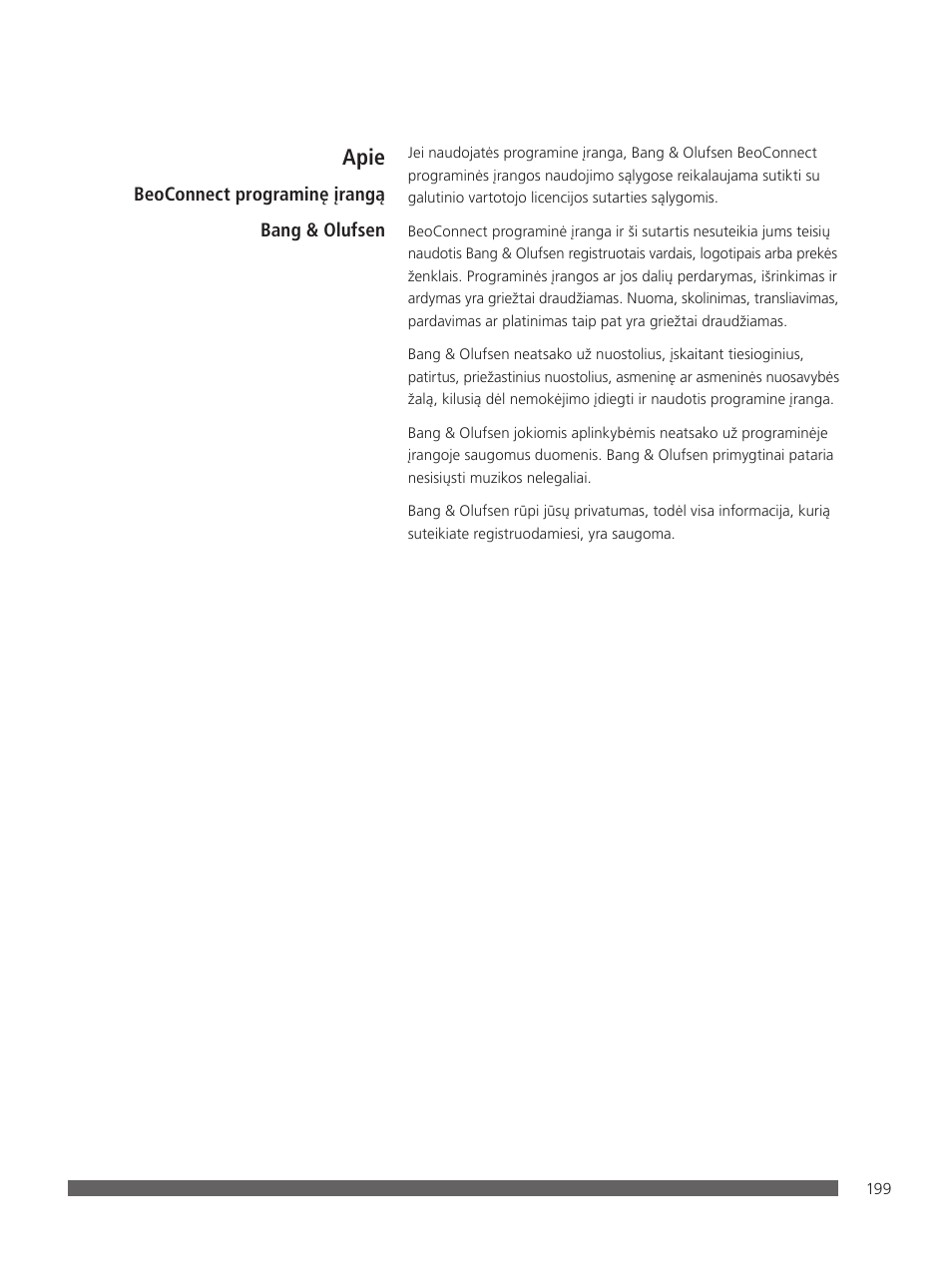 Apie | Bang & Olufsen BeoConnect (for Mac) User Manual | Page 199 / 217